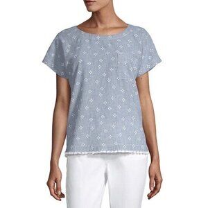 Liz Claiborne Round Neck Short Sleeve Pom Pom Hem Linen Blouse | XXL